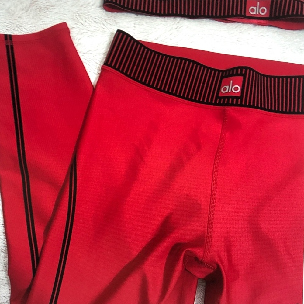ALO Yoga Red High-Waist Ribbed Leggings with Black Trim - Picture 3 of 4